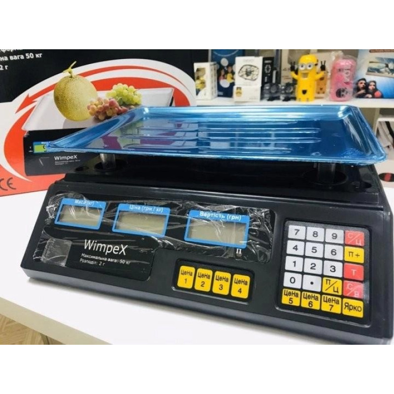 Акумуляторні електронні торгові ваги 50 кг з лічильником ціни 7 осередків пам'яті Wimpex Black