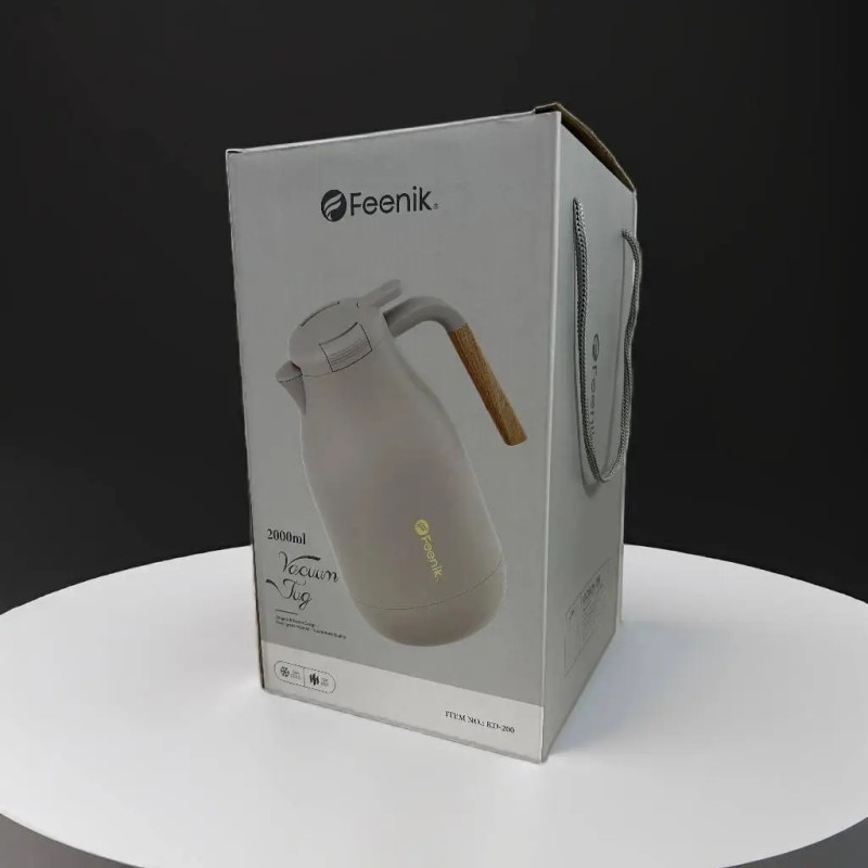 Термос глечик Feenik на 2 л термочайник із харчового пластику скляна колба KD-200G Beige