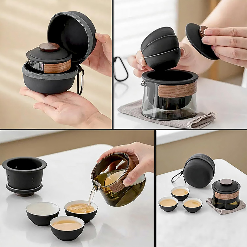 Дорожній чайний набір скляний заварник 240 ml + 3 піали з чохлом Lesko HR-068 Black