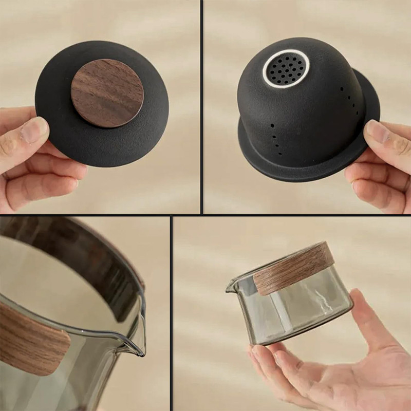 Дорожній чайний набір скляний заварник 240 ml + 3 піали з чохлом Lesko HR-068 Black