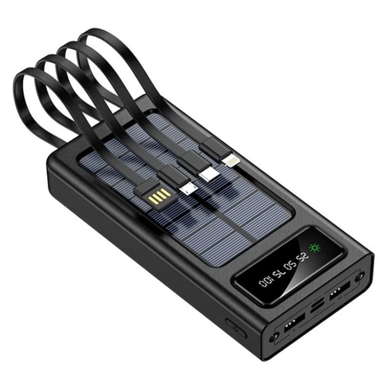 Портативний зарядний пристрій Power Bank із сонячною панеллю та 4-ма вбудованими проводами 30000 mAh UKC K300 Black