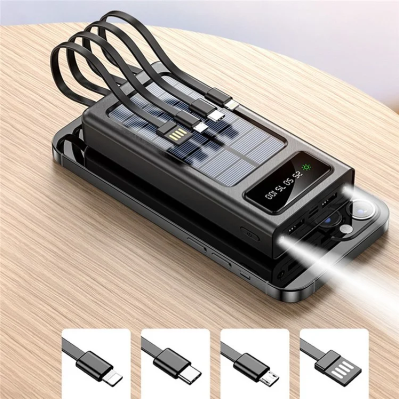Портативний зарядний пристрій Power Bank із сонячною панеллю та 4-ма вбудованими проводами 30000 mAh UKC K300 Black