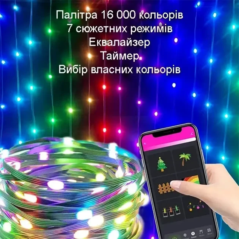 Світлодіодна розумна гірлянда музична 10м 100 Led Bluetooth+USB з пультом Крапля роси SFK-04 RGB