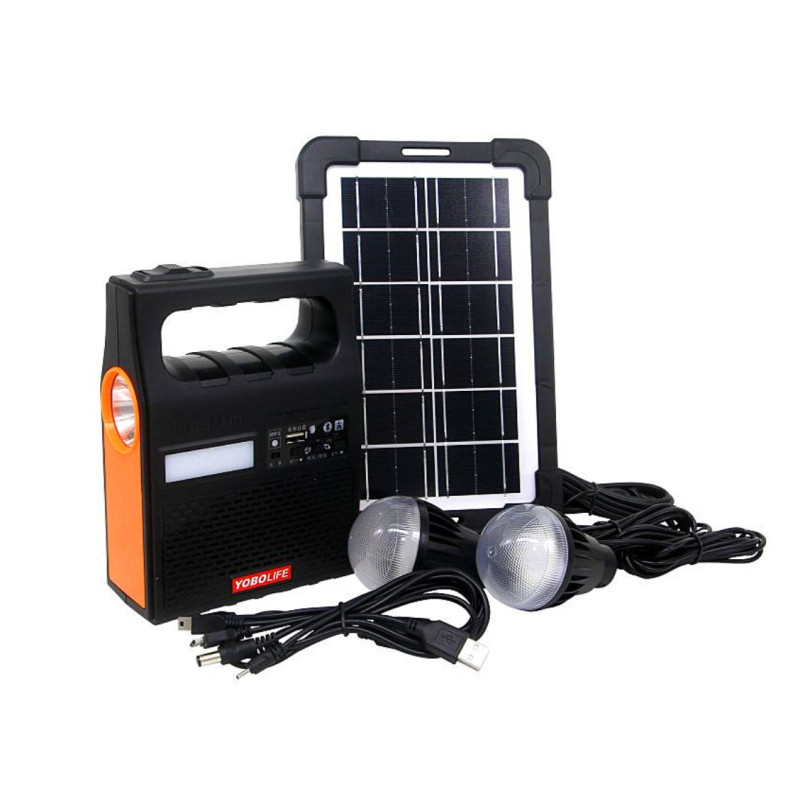 Потужний кемпінговий ліхтар портативна сонячна станція Power Bank 5500mAH, FM радіо, MP3 + 2 лампи YOBOLIFE 3601-LM-6V Black