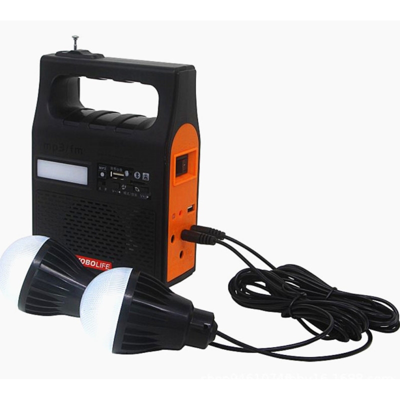 Потужний кемпінговий ліхтар портативна сонячна станція Power Bank 5500mAH, FM радіо, MP3 + 2 лампи YOBOLIFE 3601-LM-6V Black