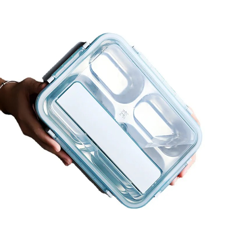 Ланч-бокс із підігрівом їжі за допомогою гарячої води сталева чаша на 4 відсіки 1500мл з підставкою для телефону MA-2000 Blue