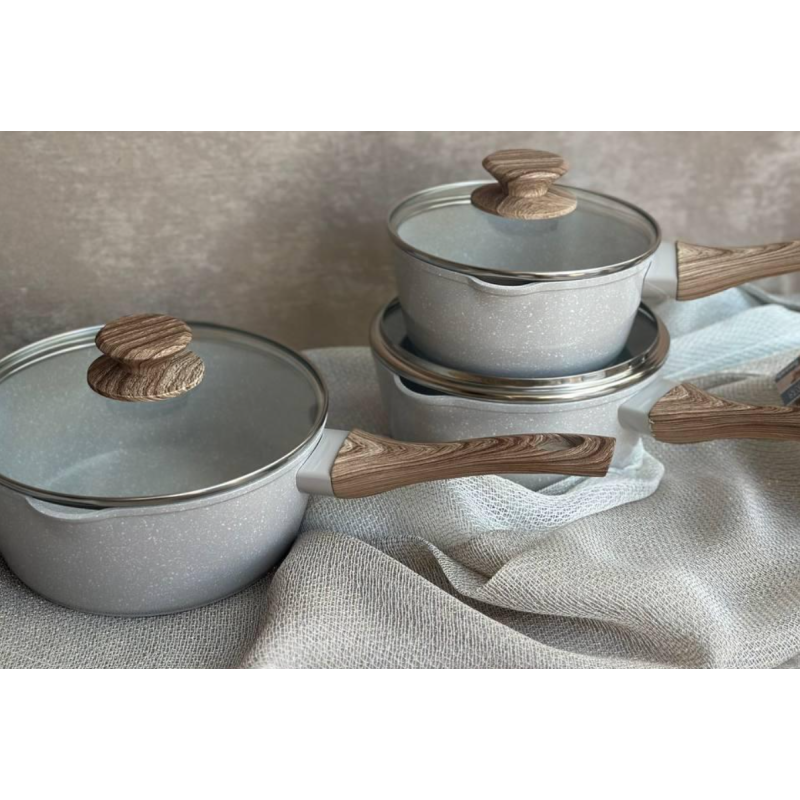 Набір з 3 сотейників з антипригарним покриттям та кришками для всіх видів плит 16-17-18 см 1,2-1,5-2 л. Rainberg (RB-777) White