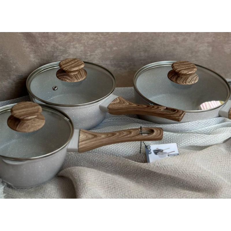 Набір з 3 сотейників з антипригарним покриттям та кришками для всіх видів плит 16-17-18 см 1,2-1,5-2 л. Rainberg (RB-777) White