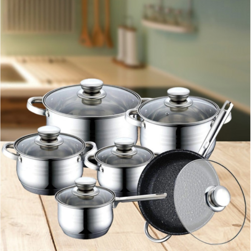 Кухонний набір посуду 12 предметів із нержавіючої сталі для всіх видів плит Zepline (ZP 075)