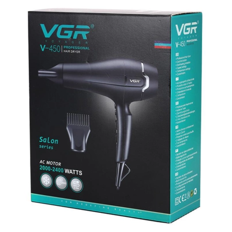 Професійний фен для волосся з набором насадок, Turbo режимом та іонізацією VGR V-450 2400Вт Black