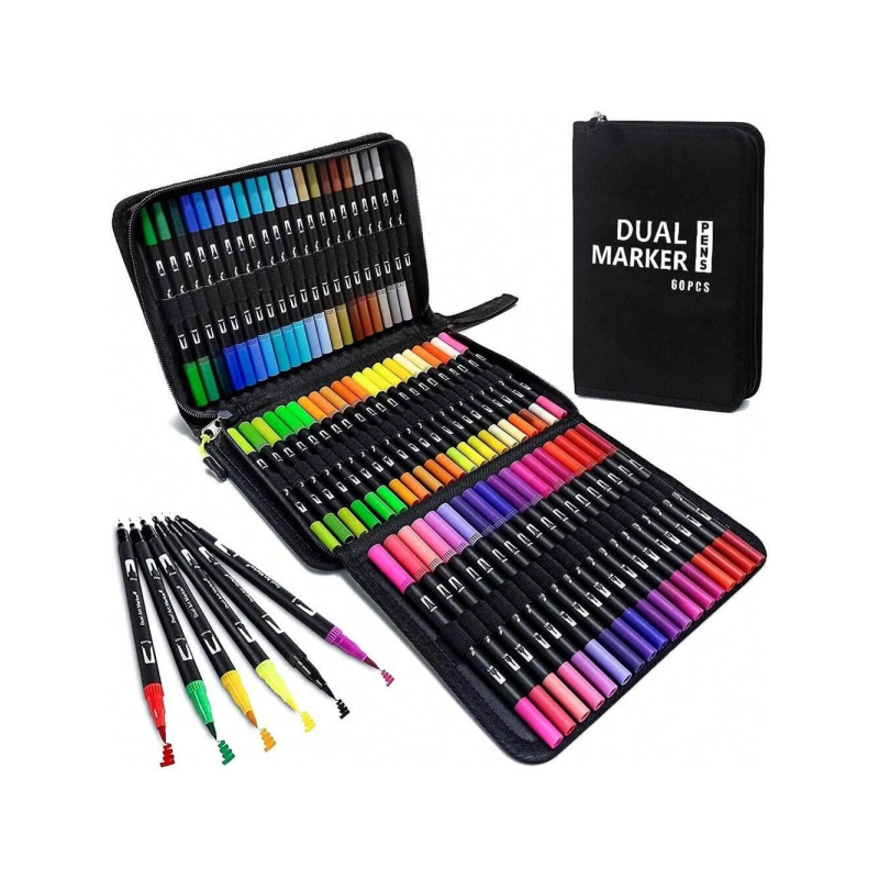 Набір двосторонніх акварельних маркерів на водній основі з чохлом 60 штук Dual Brush Pens Multicolored