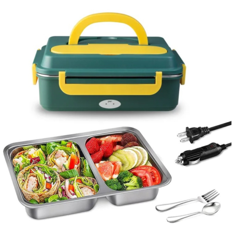 Електричний термо ланч-бокс з підігрівом та знімною чашею, вилкою та ложкою з автомобільним адаптером 12В YS-301 Light Green