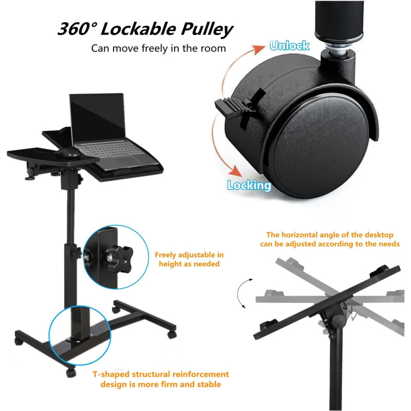 Приліжковий столик-підставка для ноутбука на коліщатках із подвійною стільницею з поворотом на 360° MT-7857 Black