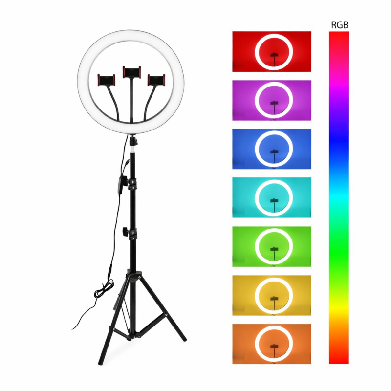 Разноцветная кольцевая RGB LED лампа 33 см + штатив 2м MJ33 набор блогера