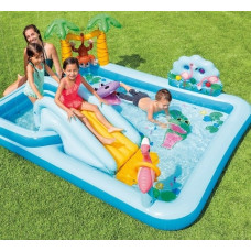 Надувний ігровий центр басейн дитячий від 3 років Intex 57161 Пригоди в джунглях 257х216х84см з гіркою, фонтаном та надувними іграшками Синій