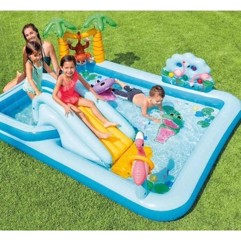 Надувной игровой центр бассейн детский от 3 лет Intex 57161 Приключения в джунглях 257х216х84см с горкой, фонтаном и надувными игрушками Синий
