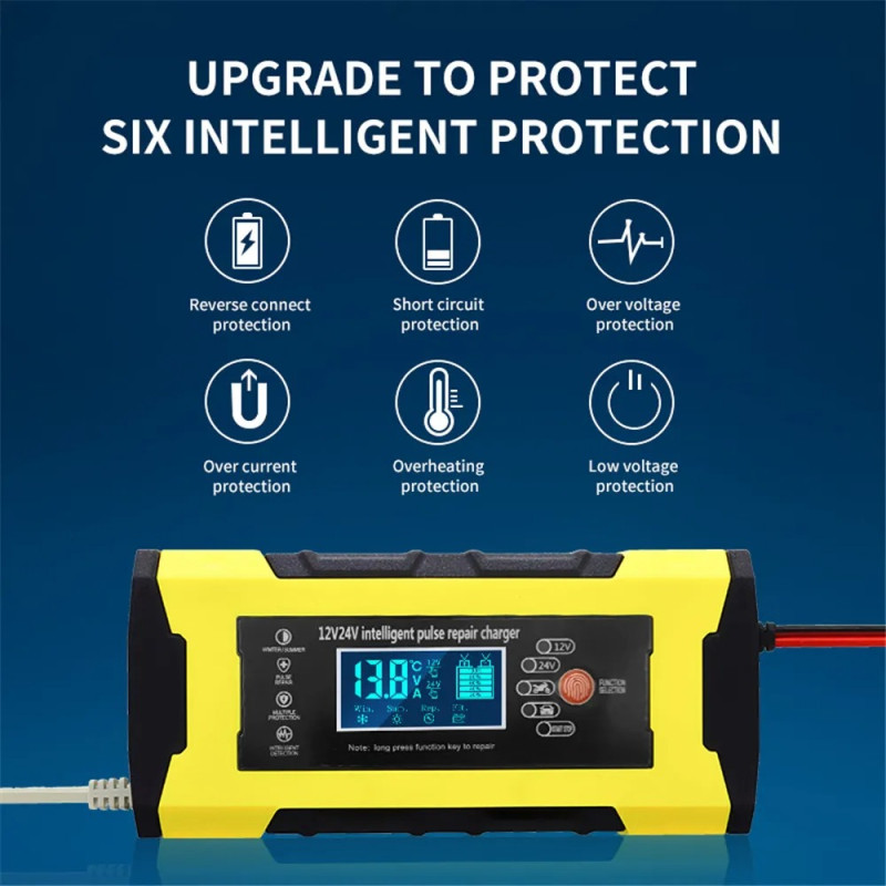 Зарядний пристрій для акумулятора з дисплеєм 12/24V 10A Жовтий (NY1984) Зарядний пристрій для акумулятора з дисплеєм 12/24V 10A Жовтий (NY1984)