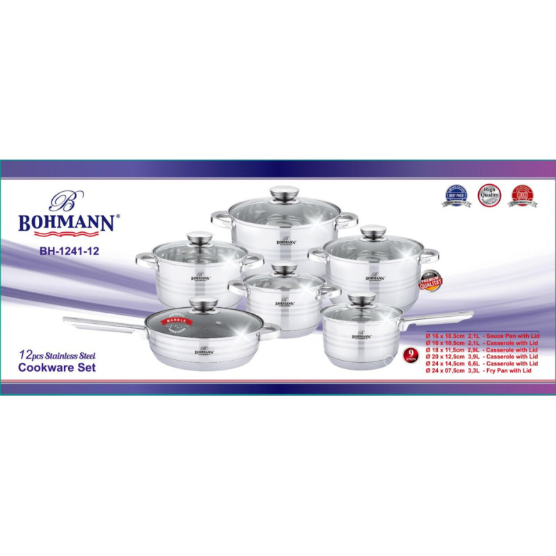 Кухонний набір посуду з 12 предметів з нержавіючої сталі для всіх видів плит Bohmann BH 1241-12 Silver