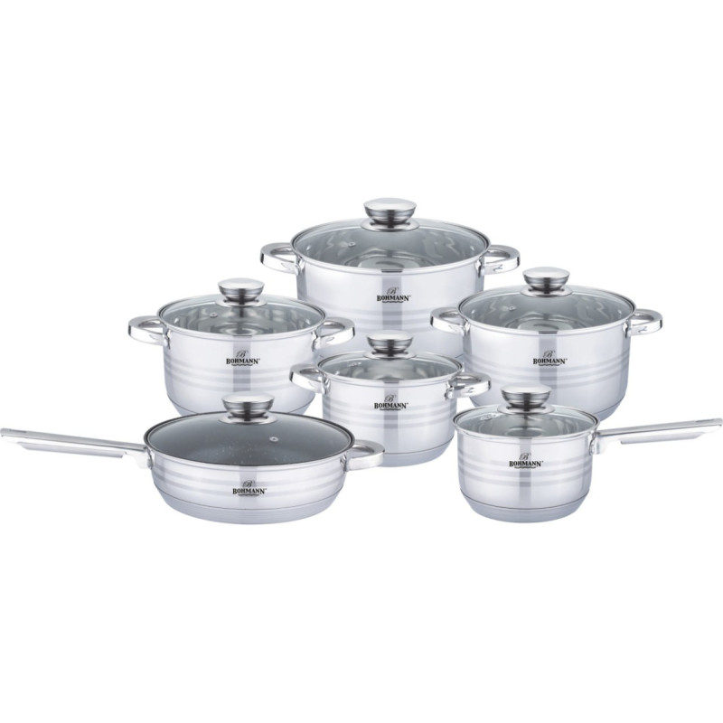 Кухонний набір посуду з 12 предметів з нержавіючої сталі для всіх видів плит Bohmann BH 1241-12 Silver