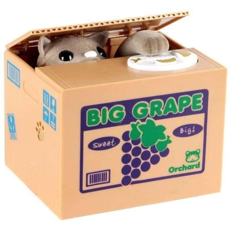 Інтерактивна дитяча скарбничка для монет Злодюжка монет Кіт у коробці забирає лапою монети Brown