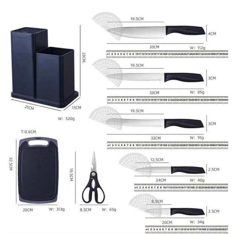 Набір кухонного приладдя Kitchen Ware з 19 предметів з ножами та дошкою KW-1902 Black