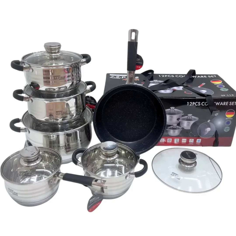 Кухонний набір посуду 12 предметів із нержавіючої сталі для всіх видів плит Zepline (ZP-115)