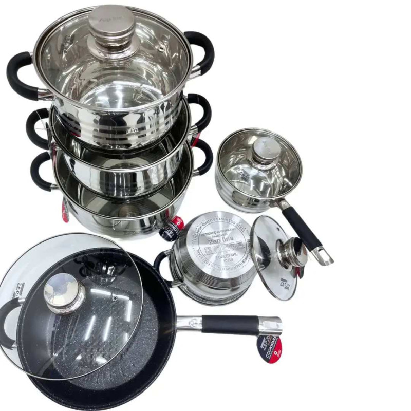 Кухонний набір посуду 12 предметів із нержавіючої сталі для всіх видів плит Zepline (ZP-115)