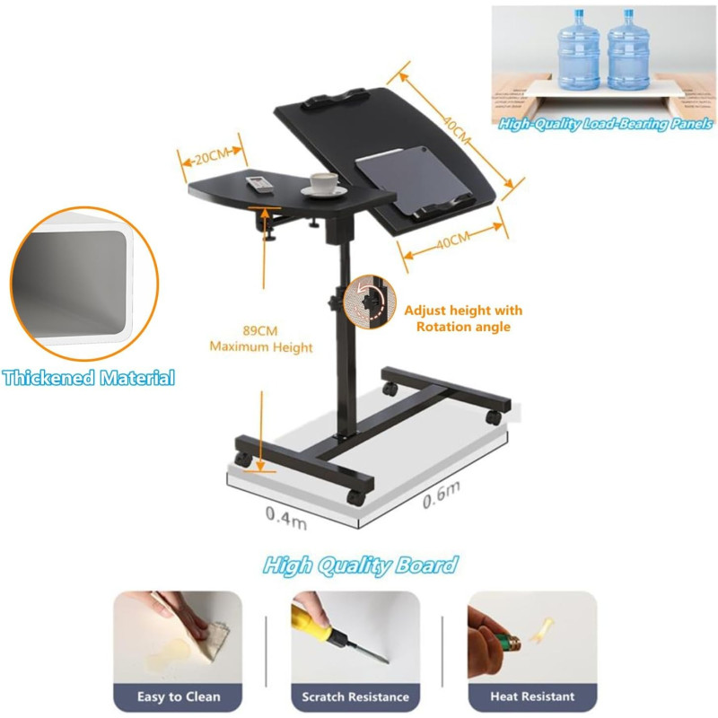 Приліжковий столик-підставка для ноутбука на коліщатках із подвійною стільницею з поворотом на 360° MT-7857 Black