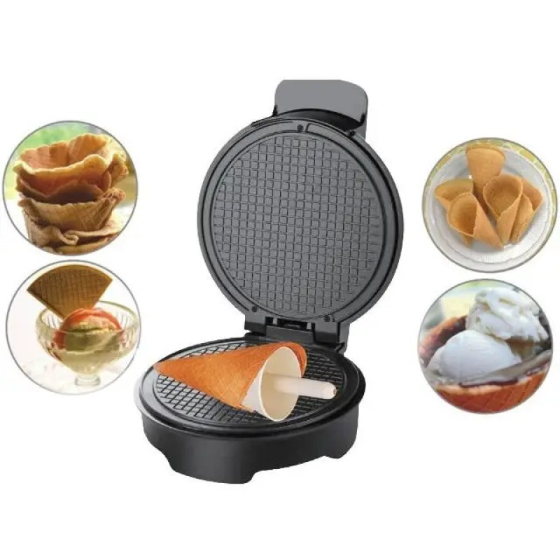 Вафельниця електрична кругла для тонких вафель, ріжків, трубочок з антипригарним покриттям та захистом від перегріву 1500Вт Edenberg EB-64409 Чорний/Сірий