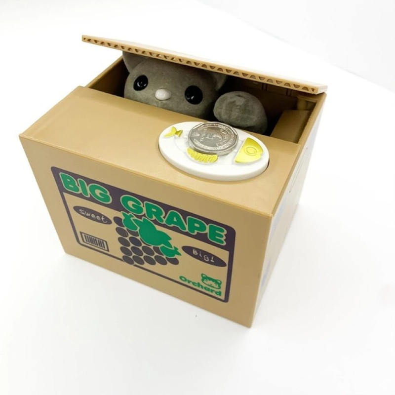 Інтерактивна дитяча скарбничка для монет Злодюжка монет Кіт у коробці забирає лапою монети Brown