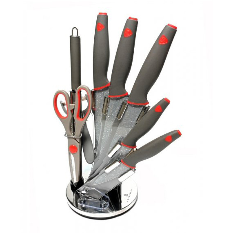 Набір кухонних ножів з 9 предметів з нержавіючої сталі на підставці Edenberg EB-11063 RED з антибактеріальним покриттям