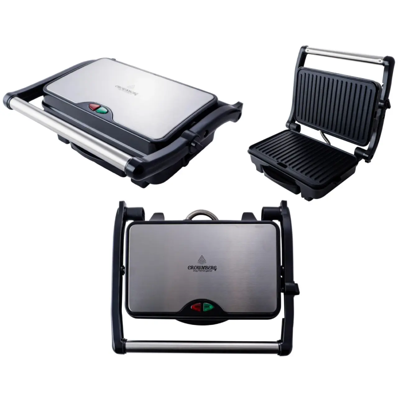Притискний контактний електричний гриль 750 Вт із ребристим антипригарним покриттям Crownberg CB-1046 Black Притискний контактний електричний гриль 750 Вт із ребристим антипригарним покриттям Crownberg CB-1046 Black