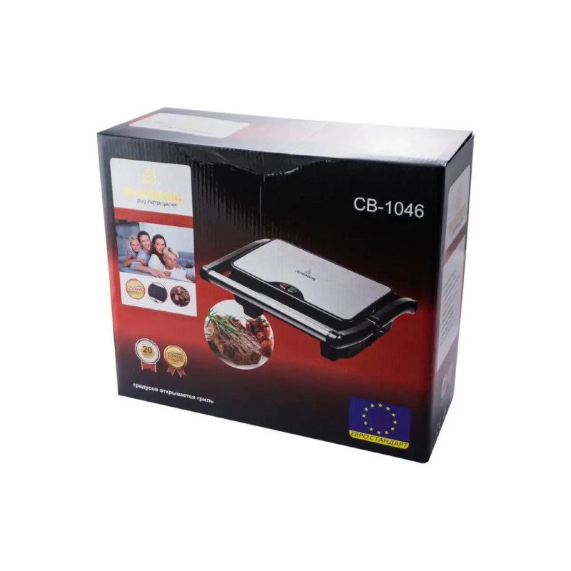 Притискний контактний електричний гриль 750 Вт із ребристим антипригарним покриттям Crownberg CB-1046 Black Притискний контактний електричний гриль 750 Вт із ребристим антипригарним покриттям Crownberg CB-1046 Black