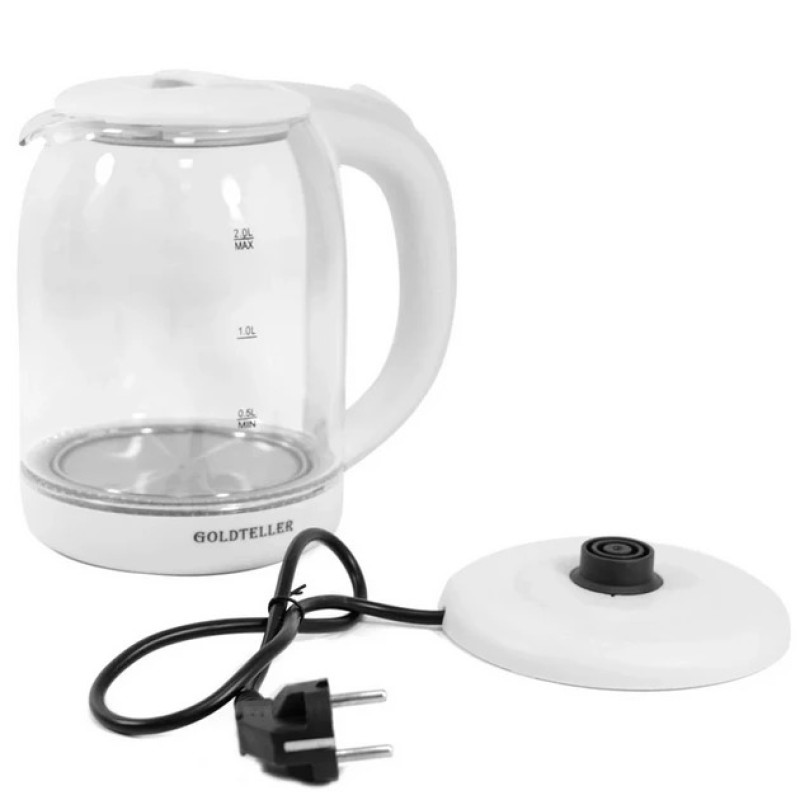 Електричний скляний чайник з підсвічуванням Goldteller MG-06 1.8л 1500Вт 220В 50Гц Білий