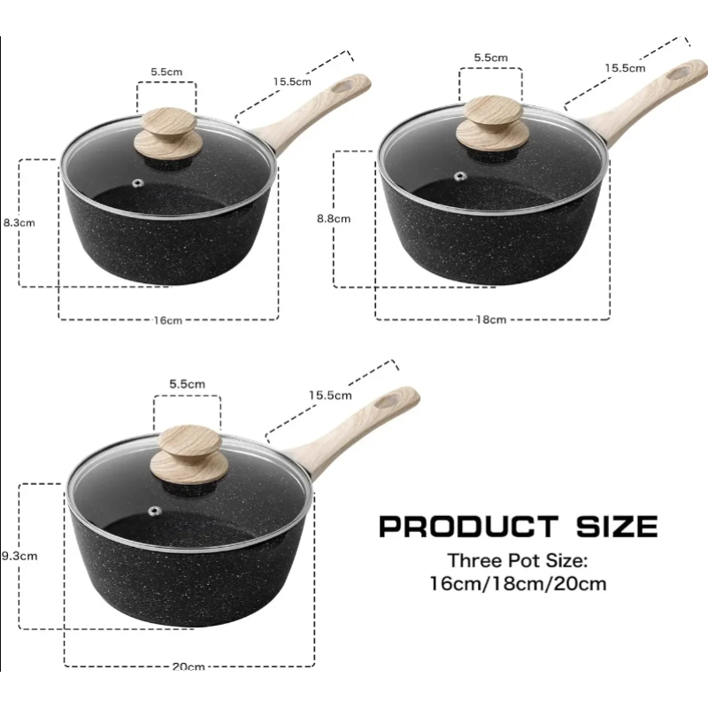 Набір з 3 сотейників з антипригарним покриттям та кришками для всіх видів плит 16-17-18 см 1,2-1,5-2 л. Rainberg (RB-777) Black