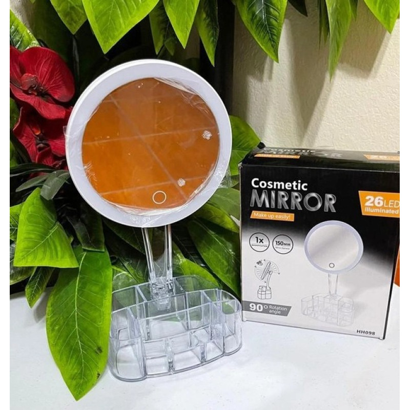 Дзеркало косметична настільна кругла 150мм з 26 LED підсвічуванням та органайзером поворот на 90° White