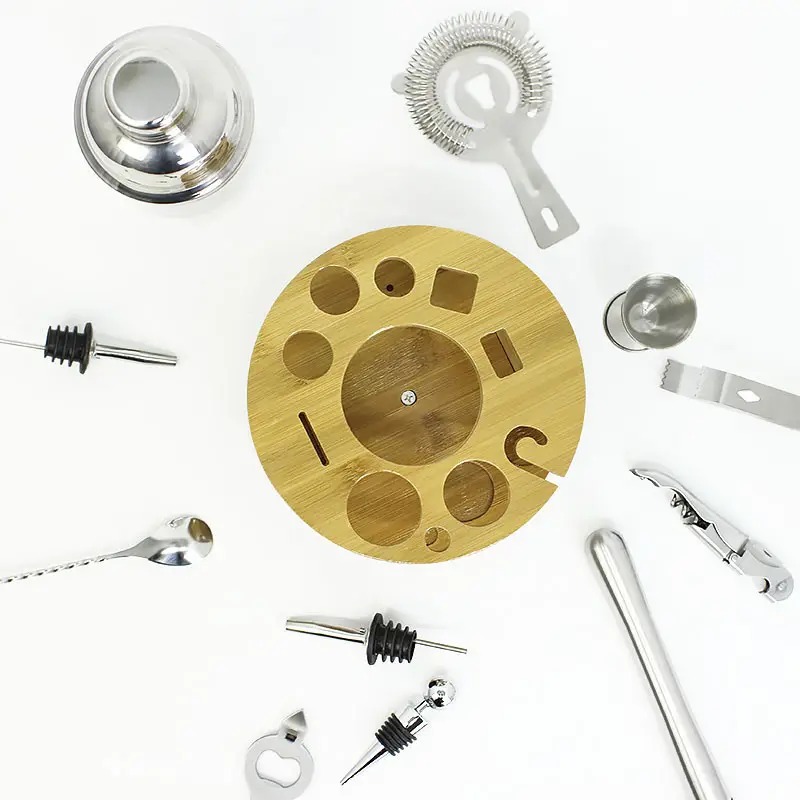 Набір для бару з 12 предметів для приготування коктейлів із нержавіючої сталі на дерев'яній підставці Youchen MC-X16 Silver