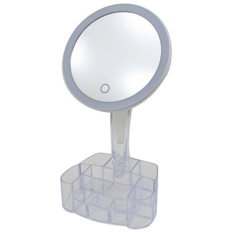 Дзеркало косметична настільна кругла 150мм з 26 LED підсвічуванням та органайзером поворот на 90° White