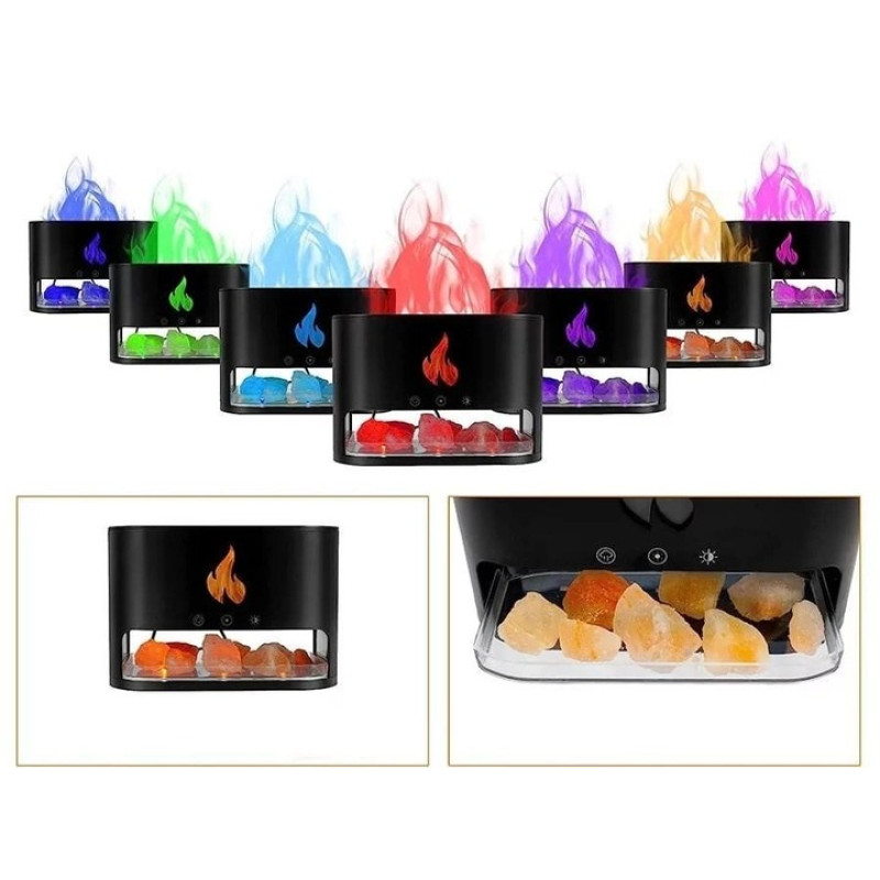 Ультразвуковий зволожувач повітря 3в1 нічник/аромадифузор/LED світильник з камінням та ефектом полум'я Black