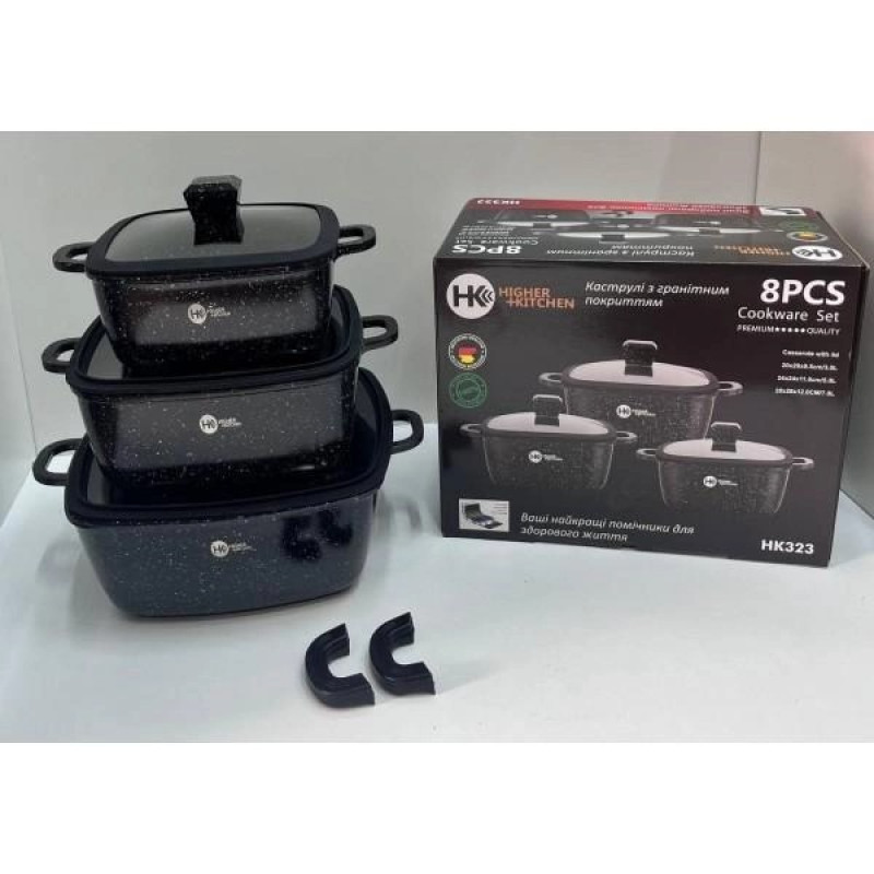 Набір квадратних каструль із гранітним антипригарним покриттям, силіконовими кришками та 5-ти шаровим дном Higher Kitchen HK-323 Black