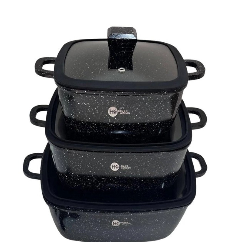 Набір квадратних каструль із гранітним антипригарним покриттям, силіконовими кришками та 5-ти шаровим дном Higher Kitchen HK-323 Black
