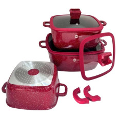 Набір квадратних каструль із гранітним антипригарним покриттям, силіконовими кришками та 5-ти шаровим дном Higher Kitchen HK-323 Red