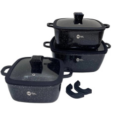 Набір квадратних каструль із гранітним антипригарним покриттям, силіконовими кришками та 5-ти шаровим дном Higher Kitchen HK-323 Black