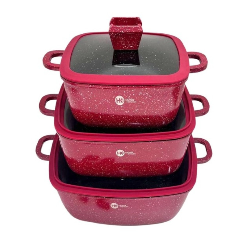 Набір квадратних каструль із гранітним антипригарним покриттям, силіконовими кришками та 5-ти шаровим дном Higher Kitchen HK-323 Red