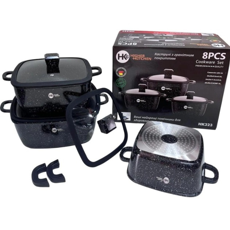 Набір квадратних каструль із гранітним антипригарним покриттям, силіконовими кришками та 5-ти шаровим дном Higher Kitchen HK-323 Black