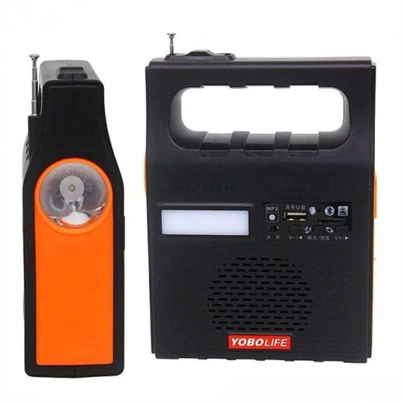 Потужний кемпінговий ліхтар портативна сонячна станція Power Bank 5500mAH, FM радіо, MP3 + 2 лампи YOBOLIFE 3601-LM-6V Black