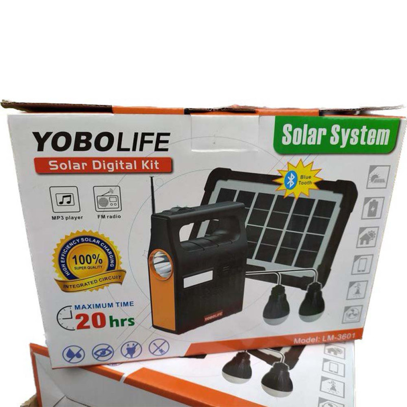 Потужний кемпінговий ліхтар портативна сонячна станція Power Bank 5500mAH, FM радіо, MP3 + 2 лампи YOBOLIFE 3601-LM-6V Black