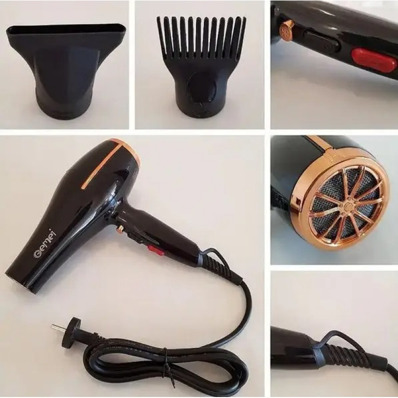 Професійний фен для волосся Gemei з насадками та подачею холодного повітря 3 режими Gemei GM-1780 3000Вт Black