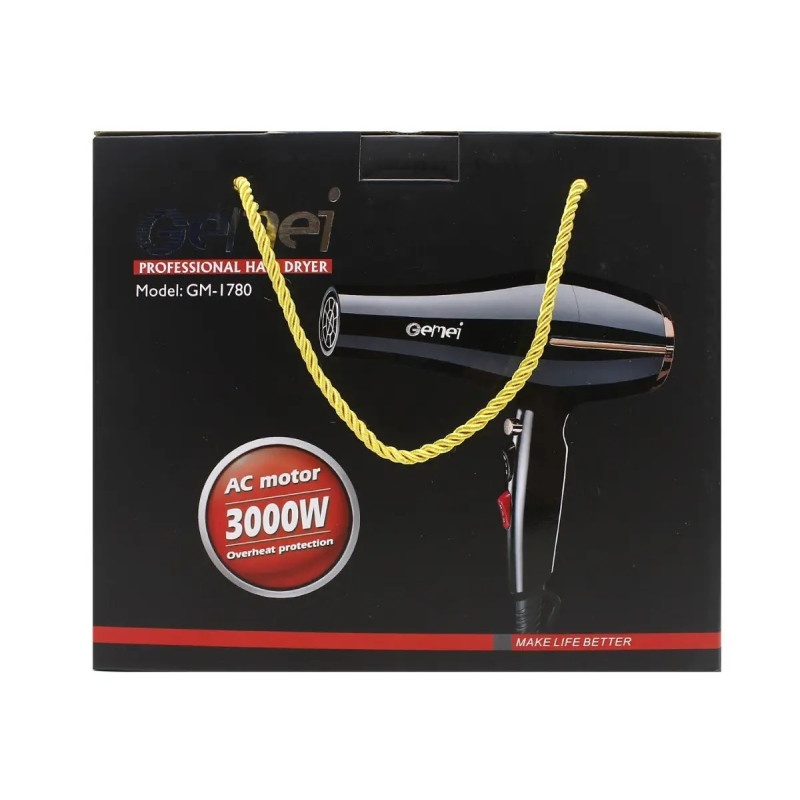 Професійний фен для волосся Gemei з насадками та подачею холодного повітря 3 режими Gemei GM-1780 3000Вт Black