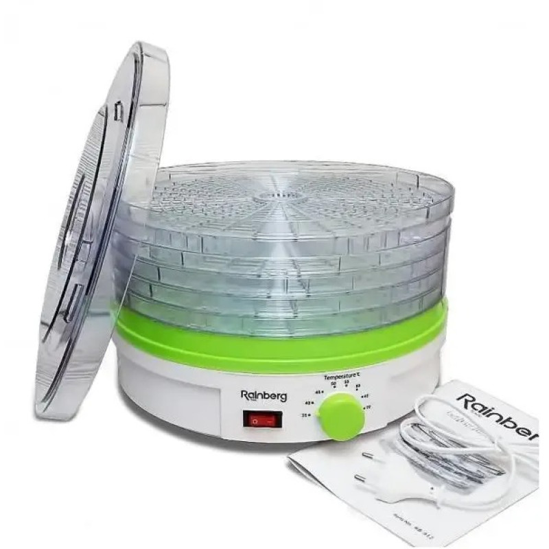 Універсальна конвективна сушарка для овочів та фруктів Дегідратор для ягід та грибів електрична Rainberg RB-912 800Вт Білий/Зелений Універсальна конвективна сушарка для овочів та фруктів Дегідратор для ягід та грибів електрична Rainberg RB-912 800Вт Білий/Зелений